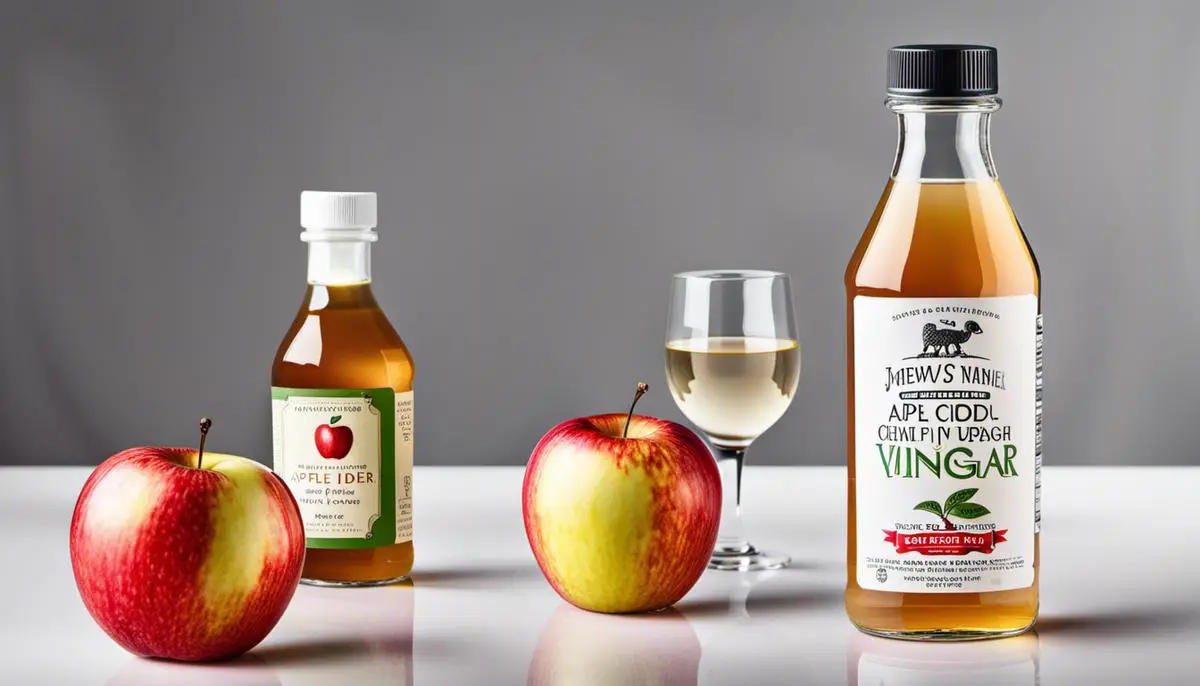 A bottle of apple cider vinegar with a sliced apple next to it, representing apple cider vinegar's potential to treat skin rashes.