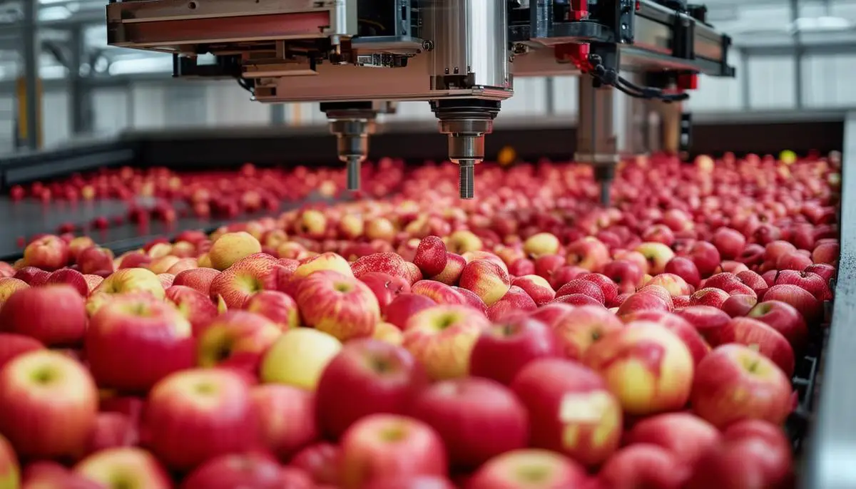 High-tech apple sorting machine with optical sensors and robotic arms processing apples