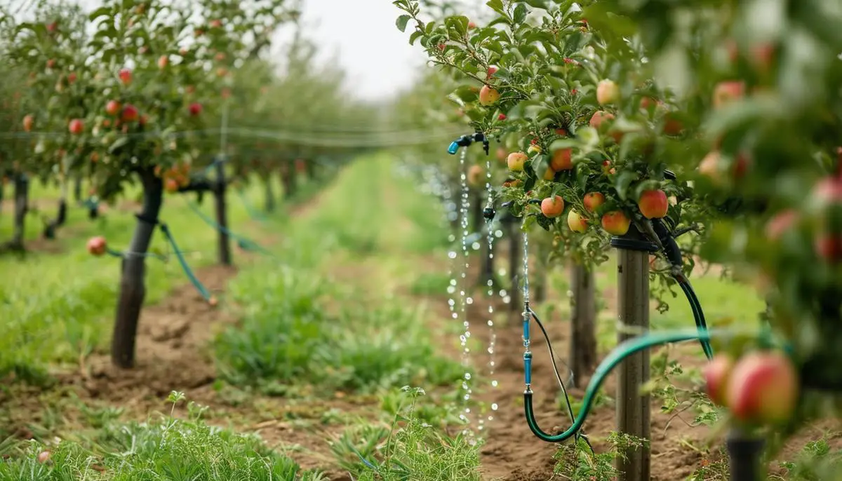 Close-up view of an advanced drip irrigation system in an apple orchard