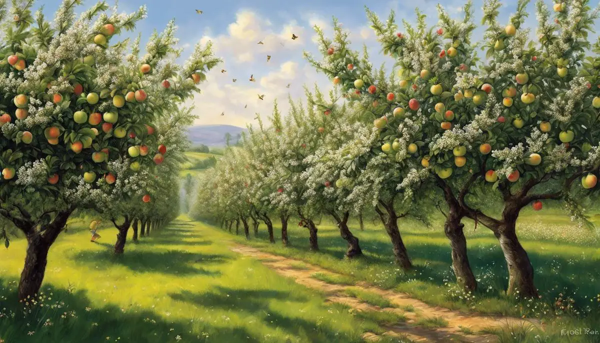 Illustration showing the benefits and limitations of self-pollination in apple trees.