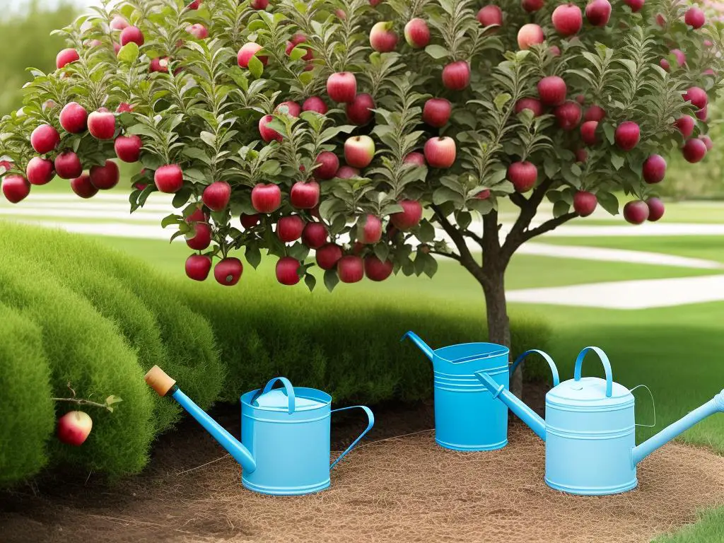 Illustration of an apple tree being cared for after pruning, with a watering can, fertilizer, and healing signs.