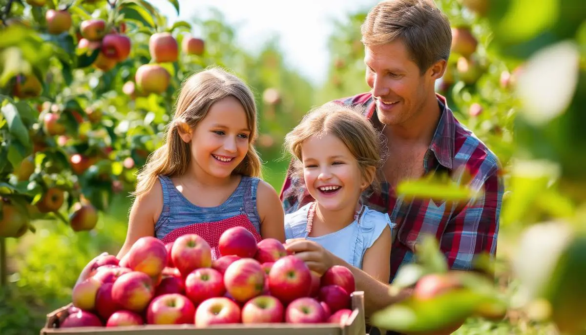 A family enjoying a u-pick apple experience in an orchard