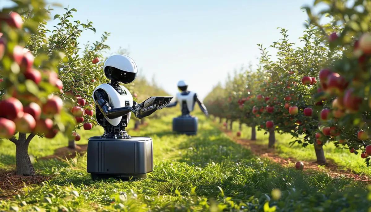 AI-powered robots working in a high-tech apple orchard, harvesting and analyzing apples