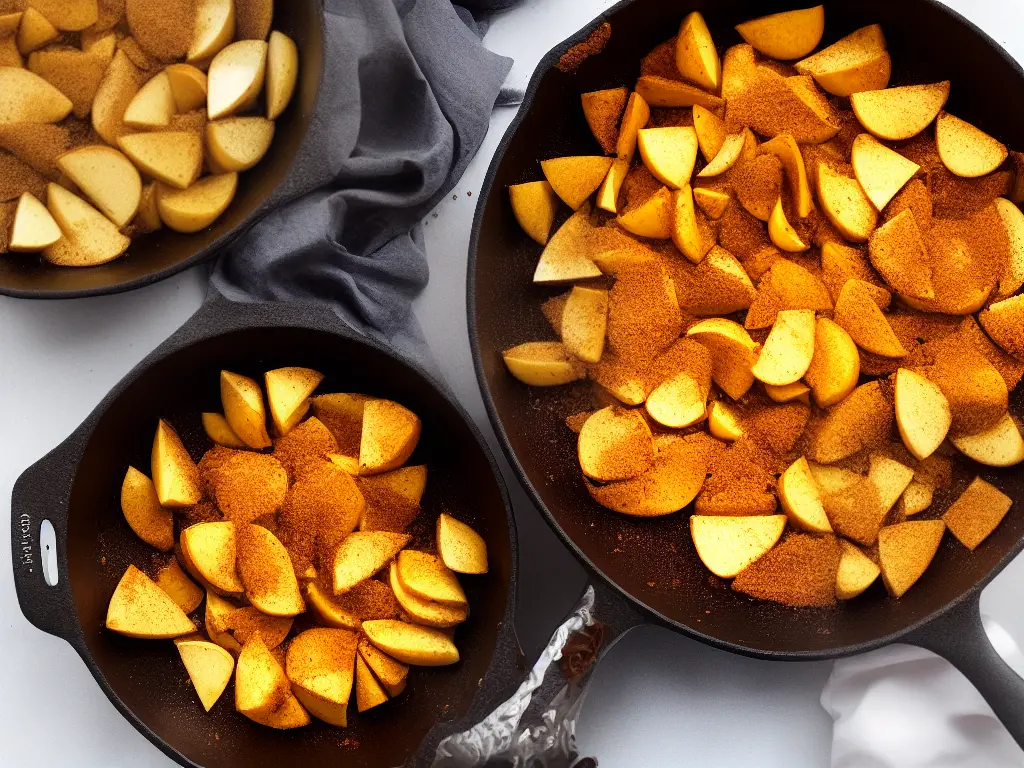 A picture of golden brown apple wedges coated in cinnamon sugar mixture in a skillet on a stove.