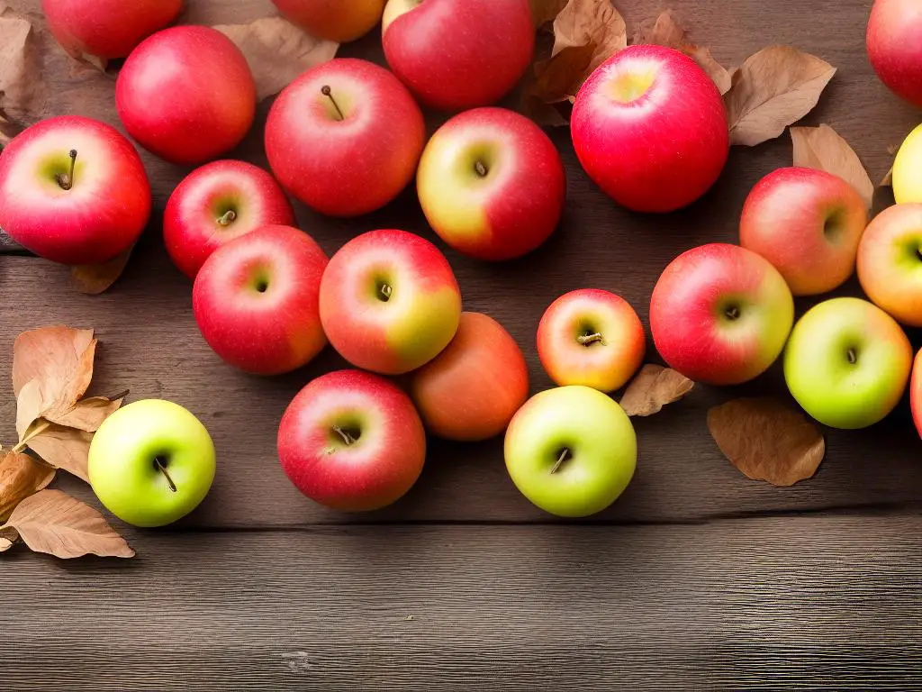 An image of fresh, ripe Ambrosia apples on a wooden surface.