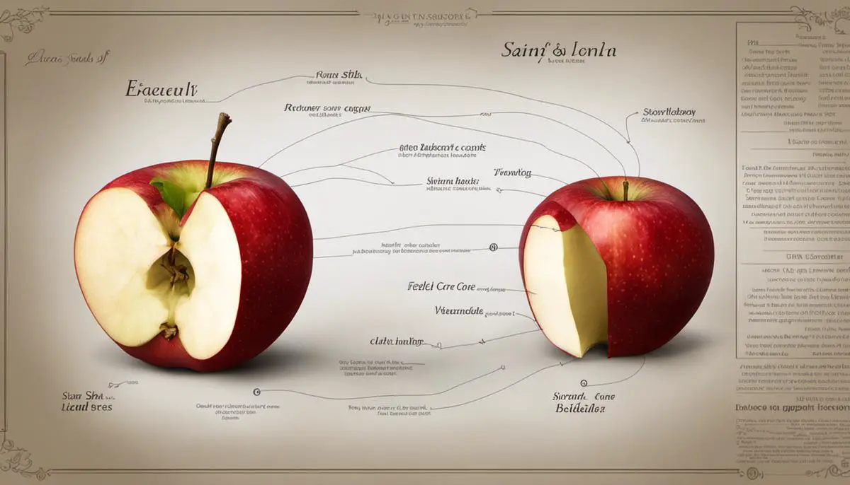 Image depicting the anatomy of an apple, with labels for the skin, flesh, and core.