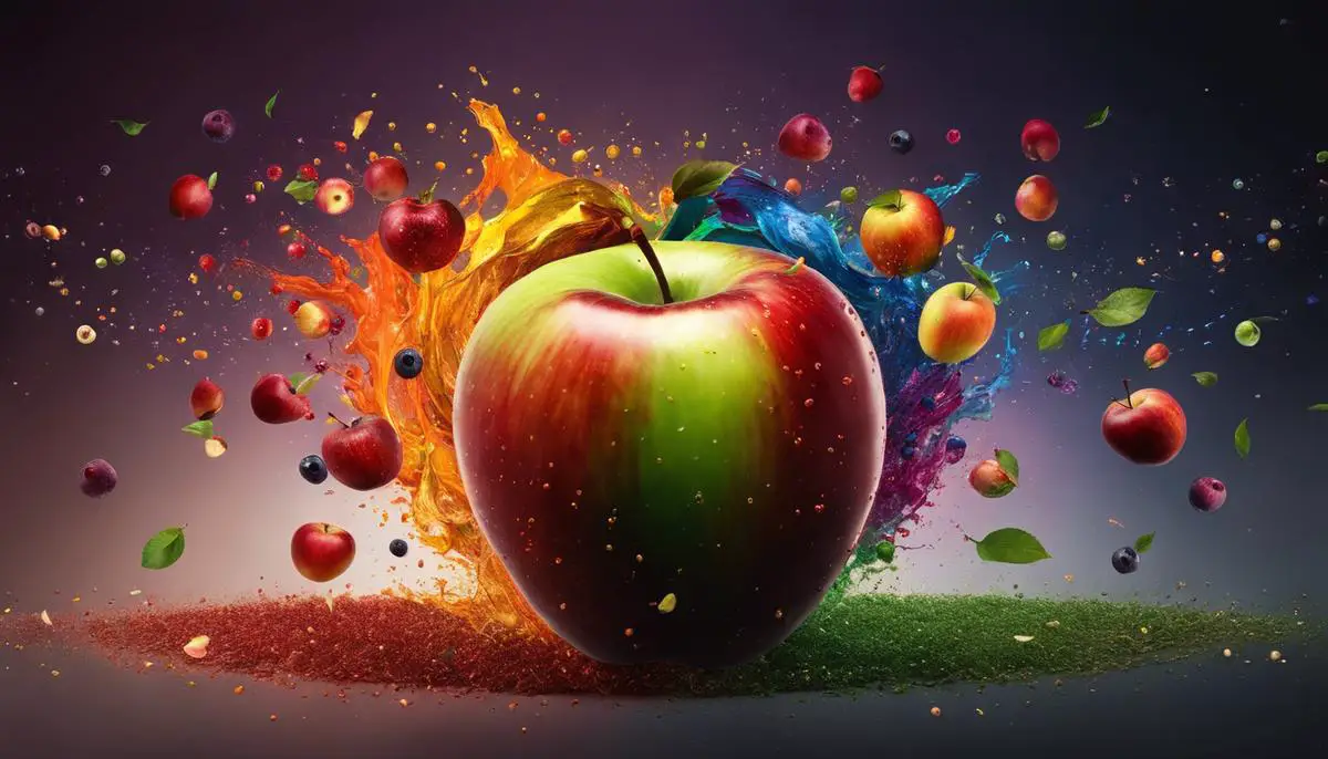 Image depicting an apple with various colorful antioxidants flying around it.