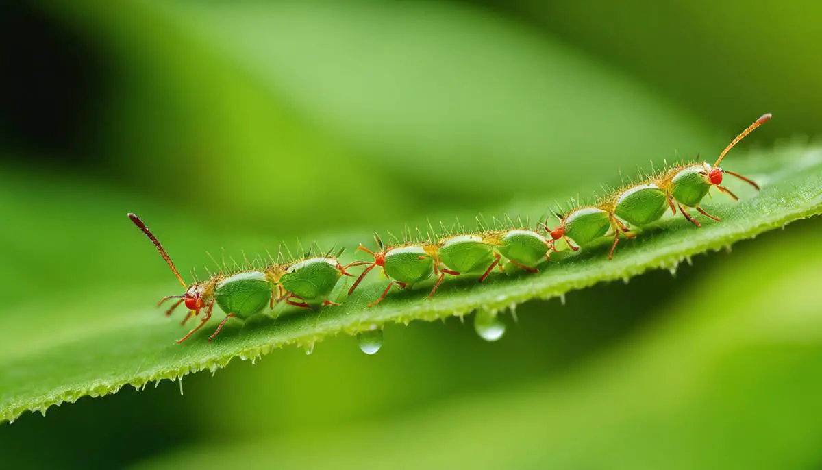 A close-up image of aphids crawling on a leaf of an apple tree.