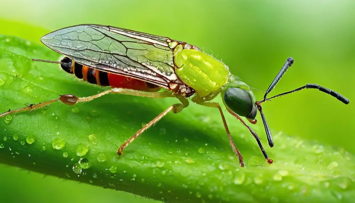 Various beneficial insects surrounding an aphid-infested plant, illustrating the natural predators that aid in aphid control.