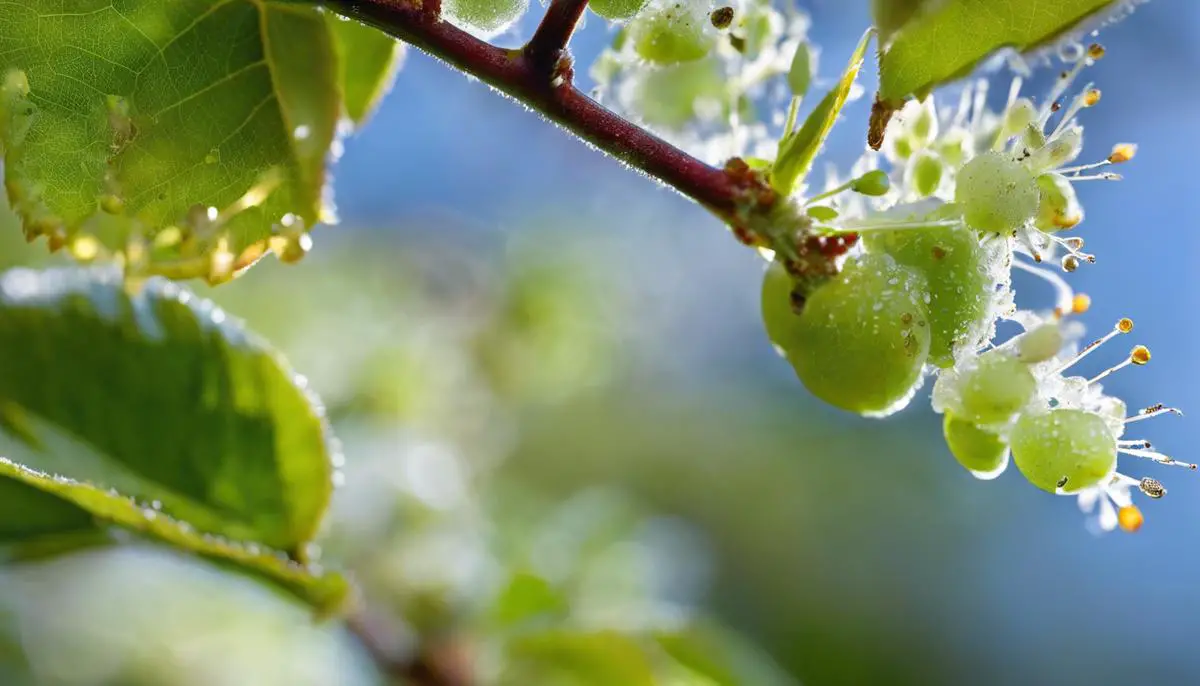 Image of aphids on an apple tree, showcasing their impact on the tree's health and vitality