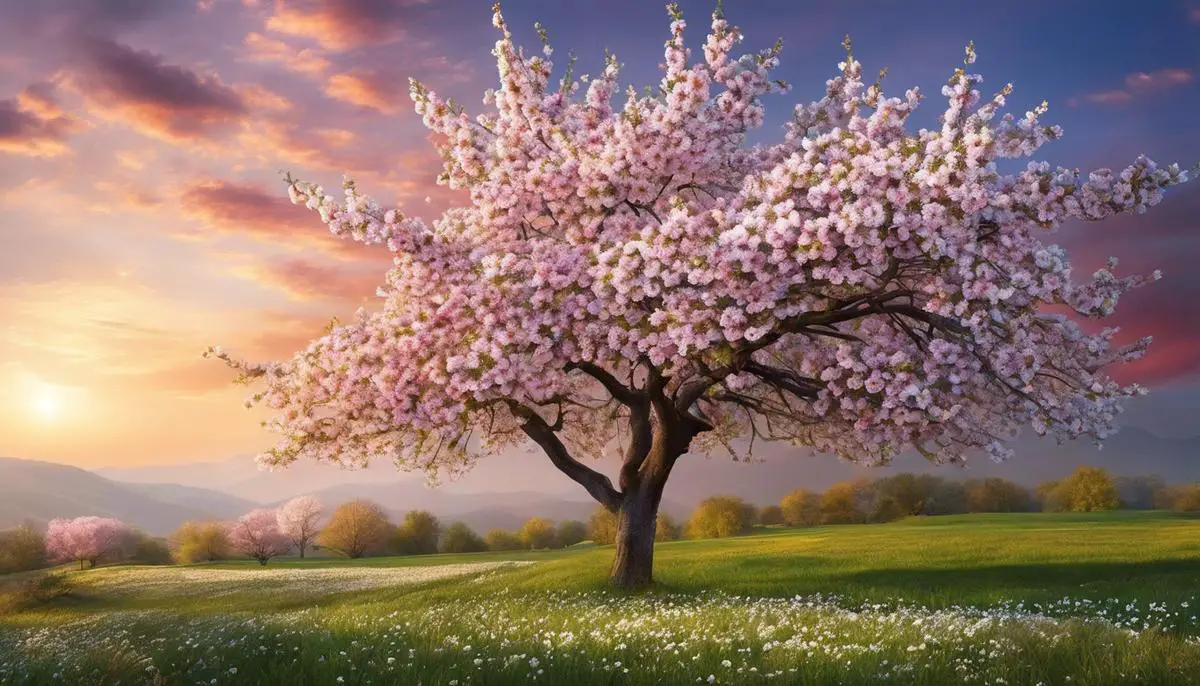 Image of blossoming apple tree, with delicate pink and white flowers, creating a visually stunning scene.