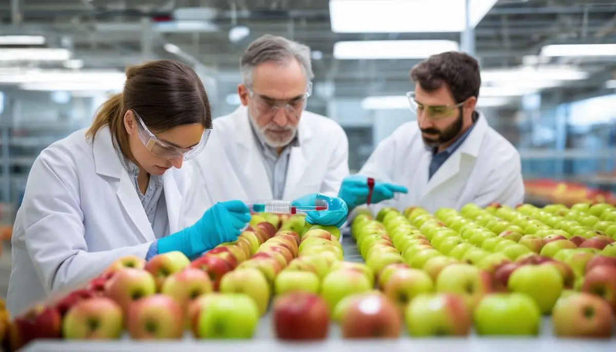 Scientists in a laboratory examining newly developed apple varieties