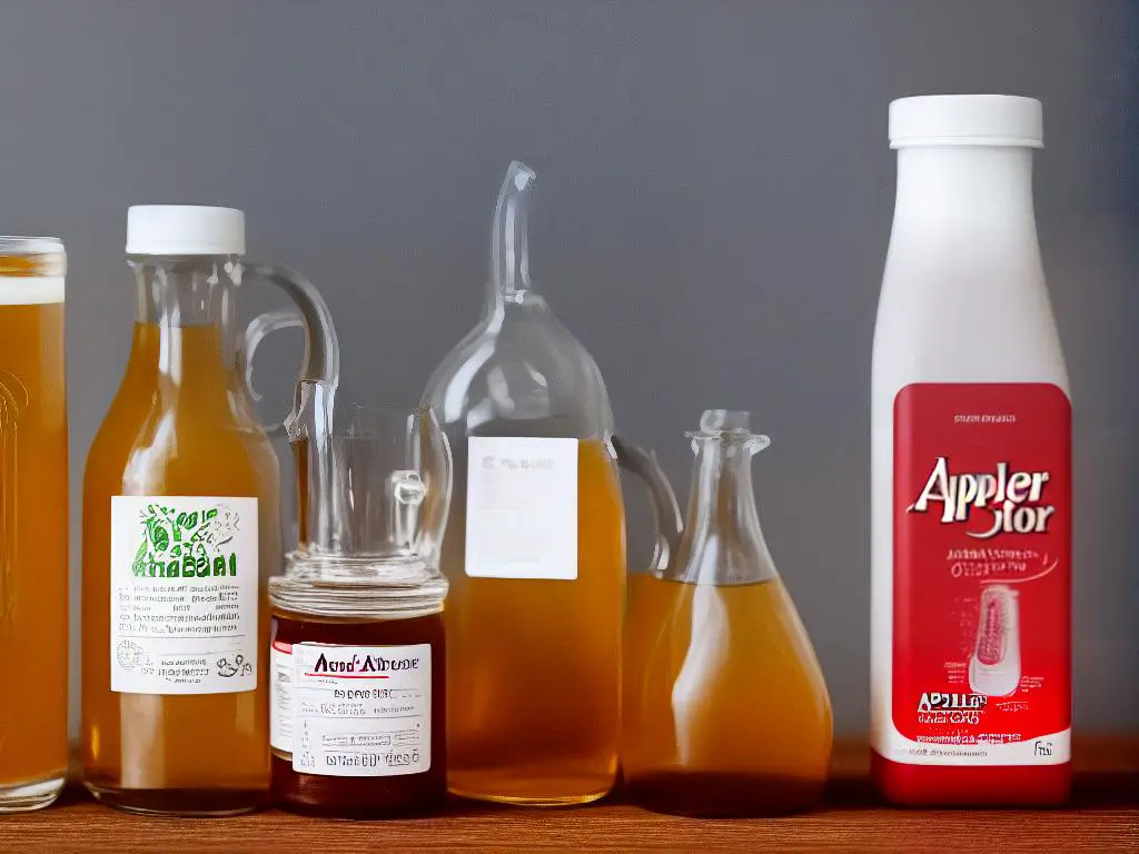 A drawing of a bottle of apple cider vinegar next to a bottle of aspirin, with a red X over the two bottles together.