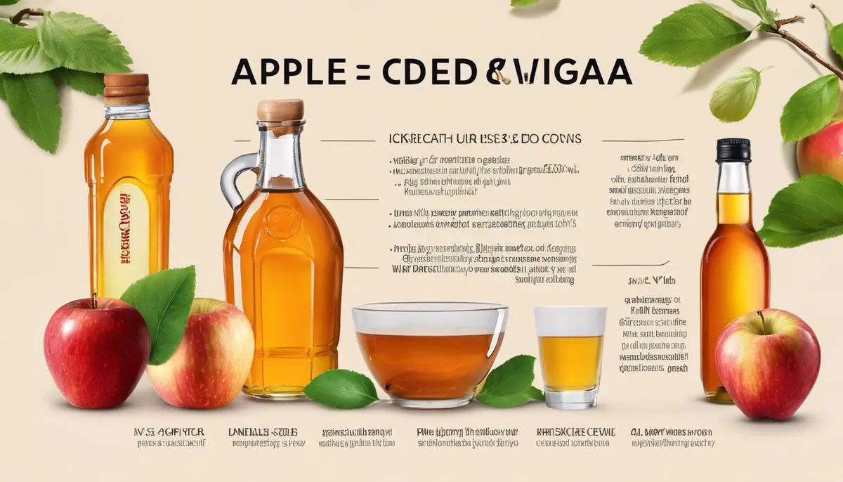 Image depicting various apple cider vinegar benefits, showcasing a bottle of ACV and icons representing skincare, weight loss, digestion, breathing, and cleaning.
