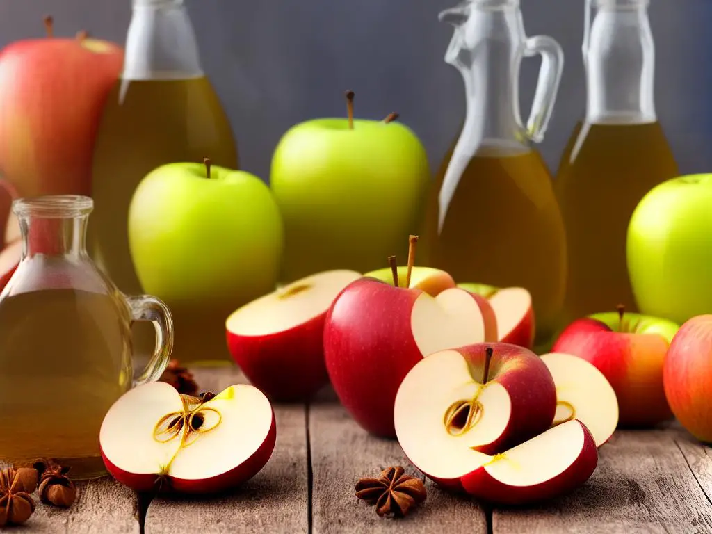 A picture of a bottle of apple cider vinegar with apples in the background.