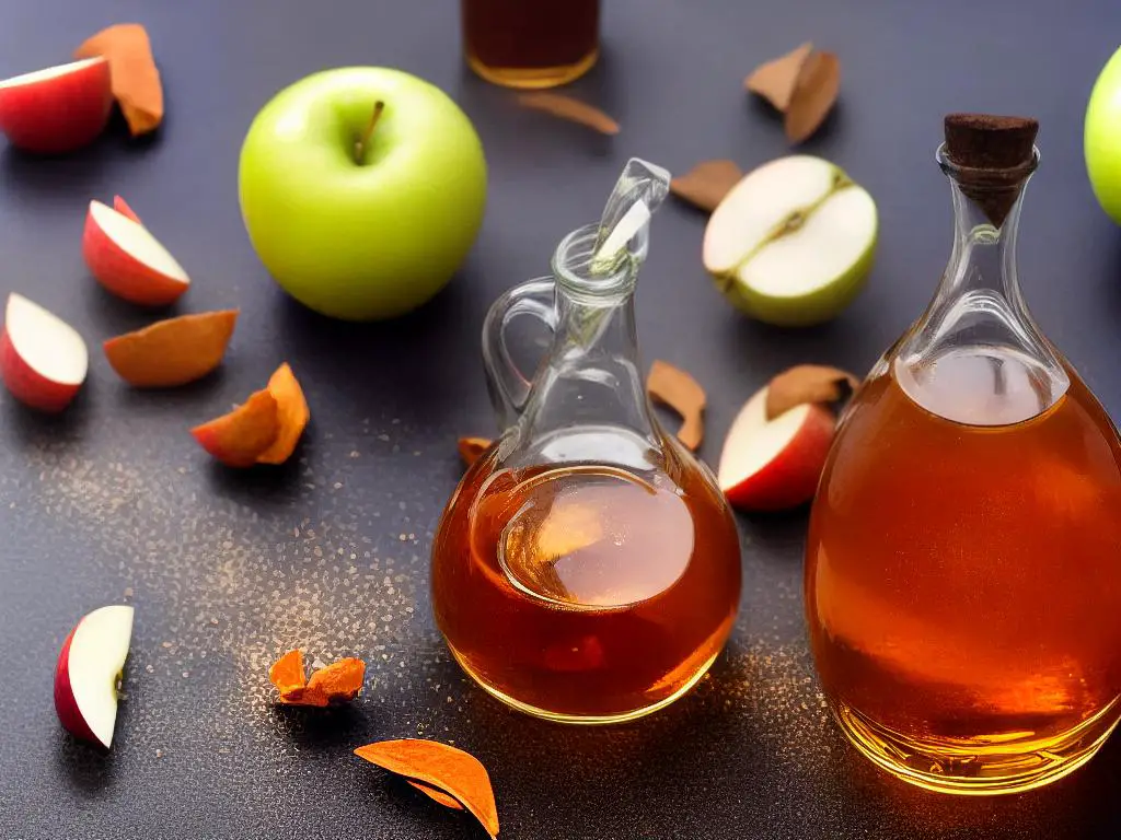 A bottle of Apple Cider Vinegar with visible apple pieces inside.