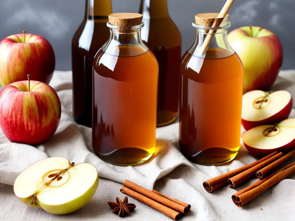 A bottle of homemade apple cider vinegar with sliced apples and cinnamon sticks, representing the process and final product of making apple cider vinegar.