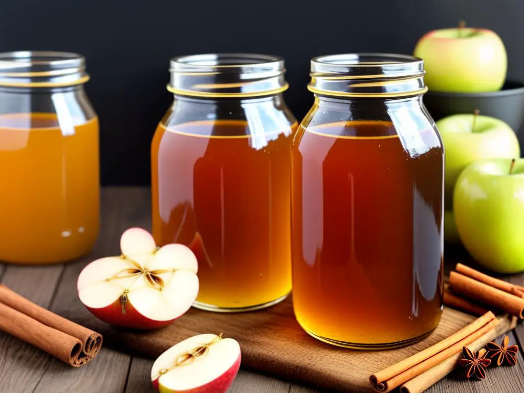 A jar of homemade apple cider vinegar with sliced apples and cinnamon sticks, representing the flavorful and natural process of making apple cider vinegar at home.