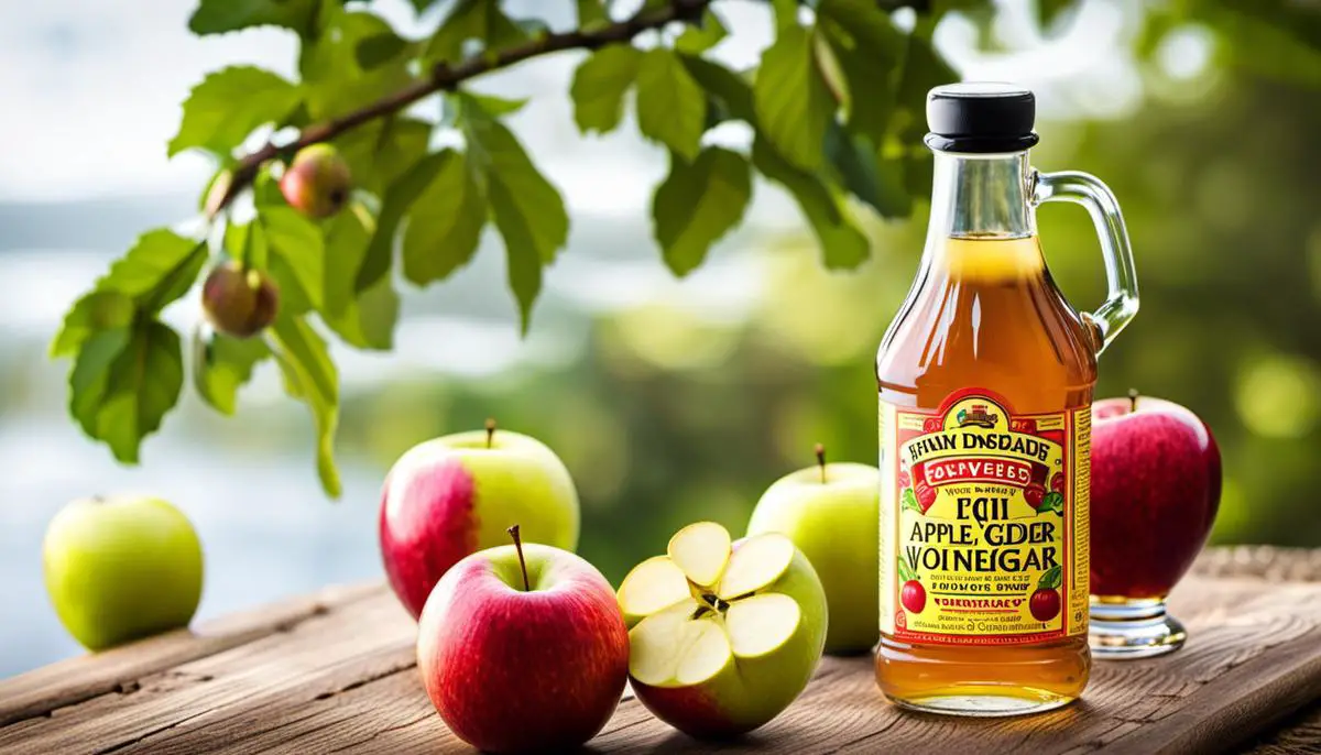 An image of a bottle of apple cider vinegar with apples in the background.