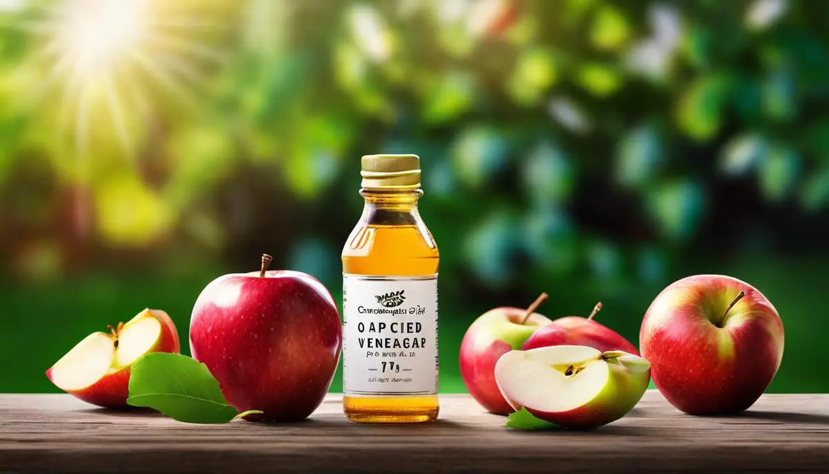 A bottle of apple cider vinegar pills next to a collection of fresh apples.