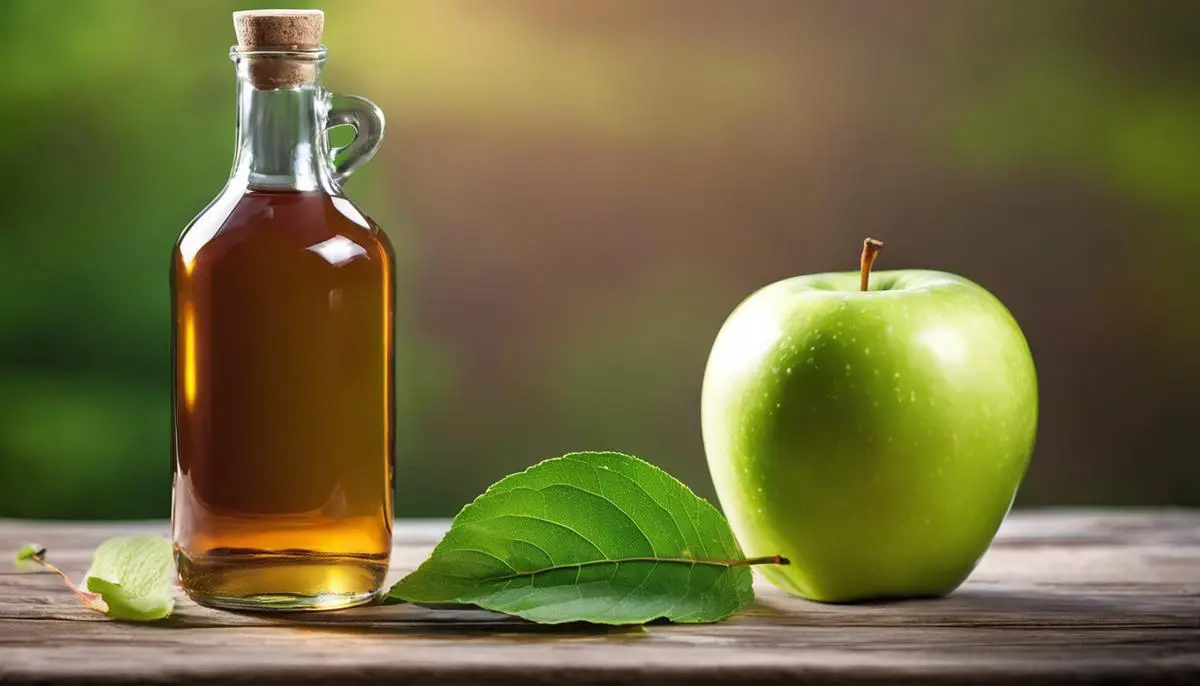 Bottle of apple cider vinegar with a green apple and leaves, representing the natural glow achievable through its use.
