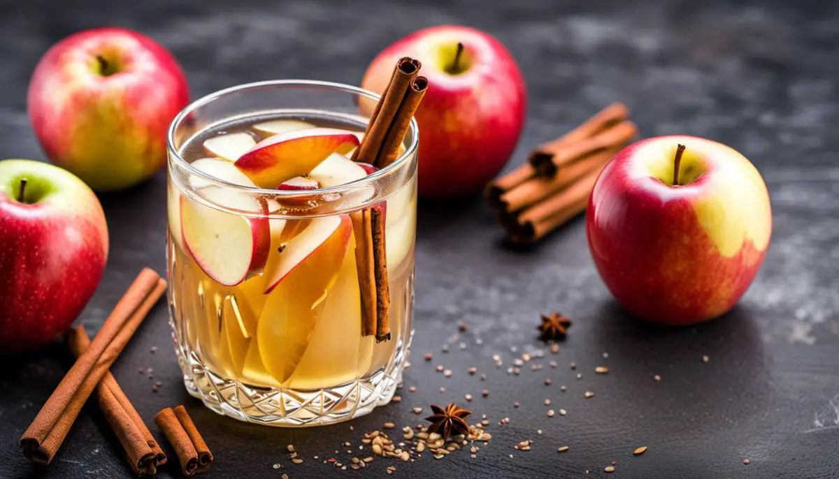 A glass of homemade apple cider vinegar tonic with sliced apples and cinnamon sticks, symbolizing a healthy drink.