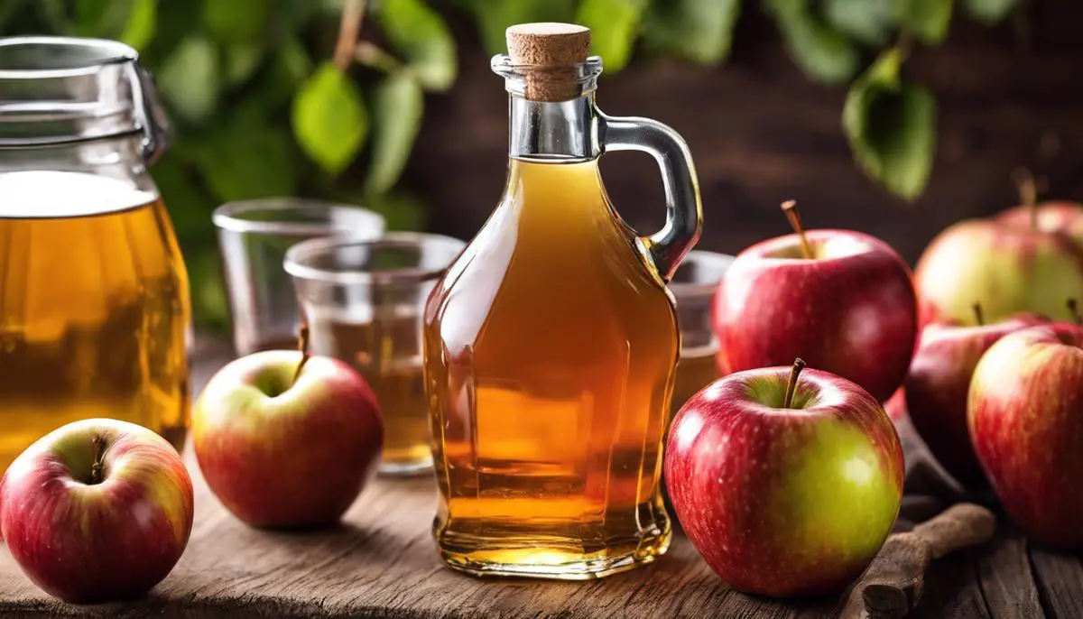 A bottle of apple cider vinegar next to a glass of apple cider, representing the benefits of ACV in weight loss.
