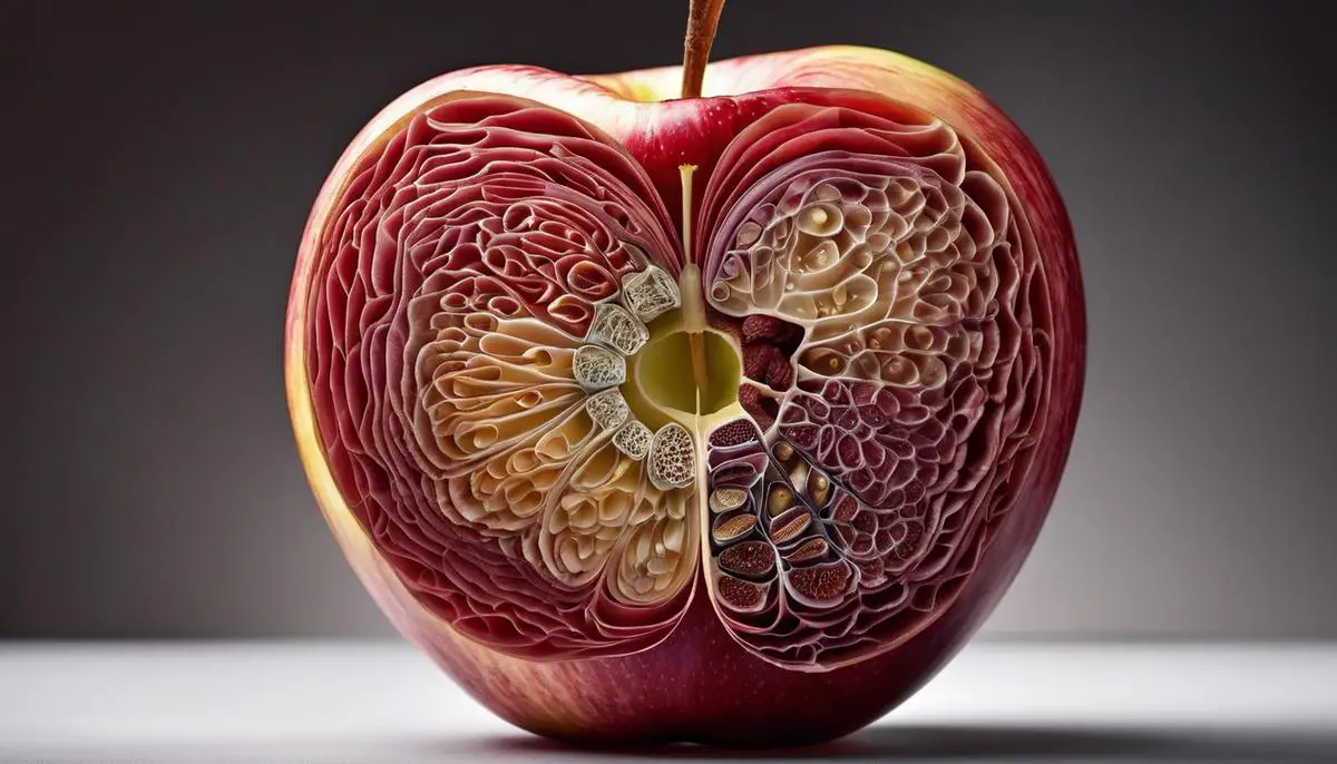 An image showing the intricate structure of an apple, with its various layers, including the skin, flesh, vascular system, and seeds.