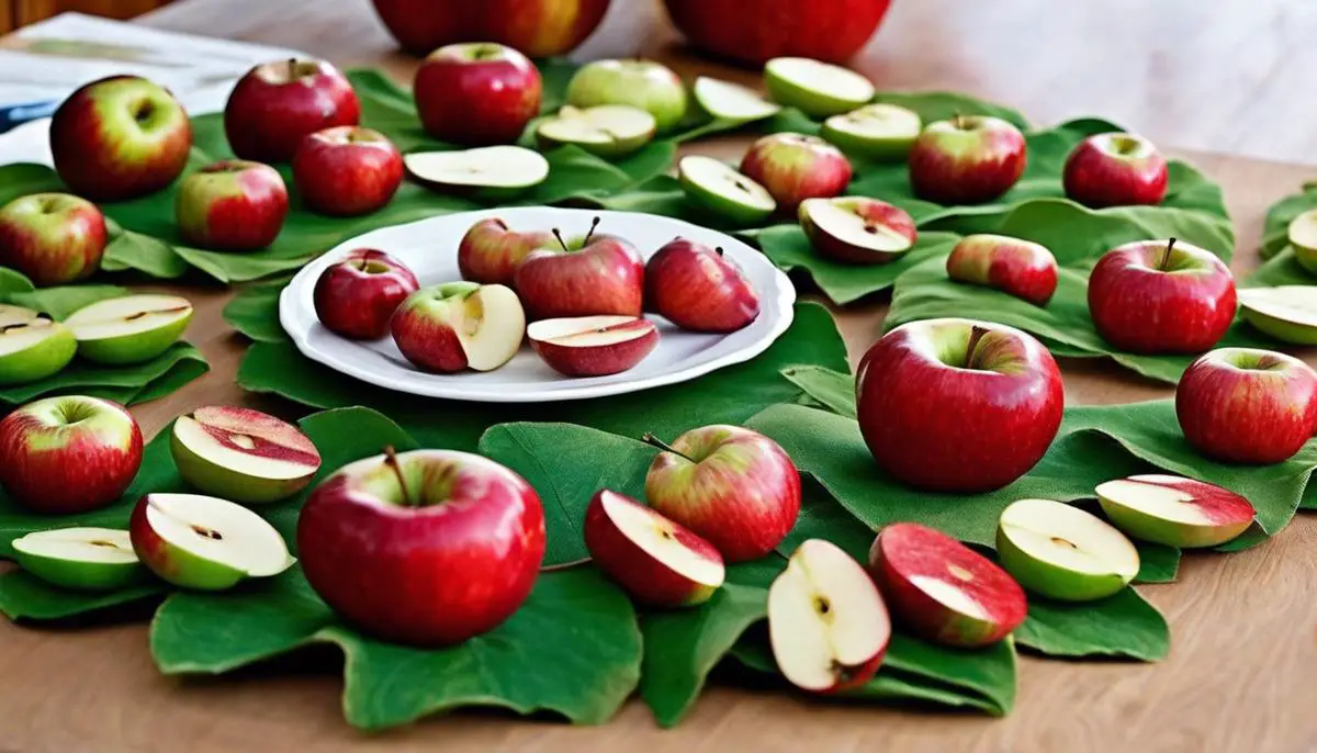 A photo of apple-themed crafts, including apple stamping and dried apple wreaths, as fun activities for children and fall decor.