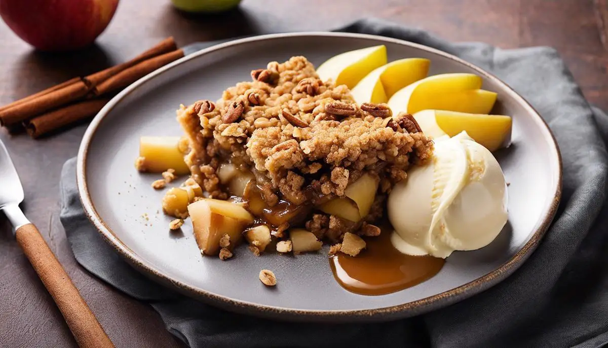 A plate of apple crisp with a scoop of vanilla ice cream on top, garnished with a sprinkle of cinnamon