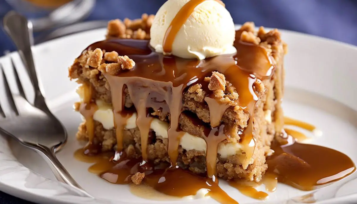 A delicious apple crisp topped with vanilla ice cream and caramel drizzle.