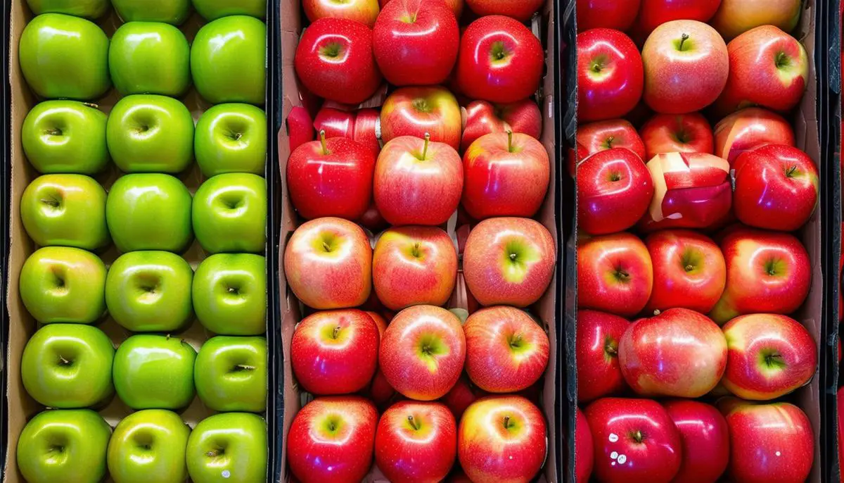 Apples presented in different cultural contexts: gift-wrapped in Japan, eco-friendly packaged in Europe, and colorfully displayed in a Mexican market