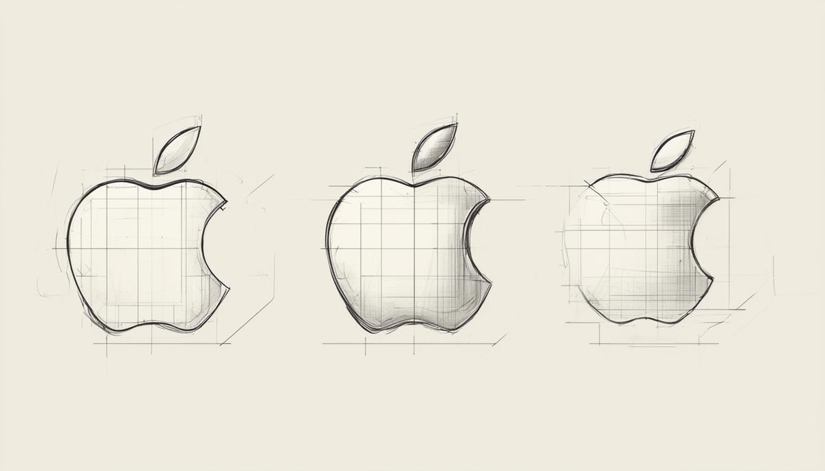 A minimalist representation of Apple's product development process, showing various stages from initial sketch to final product