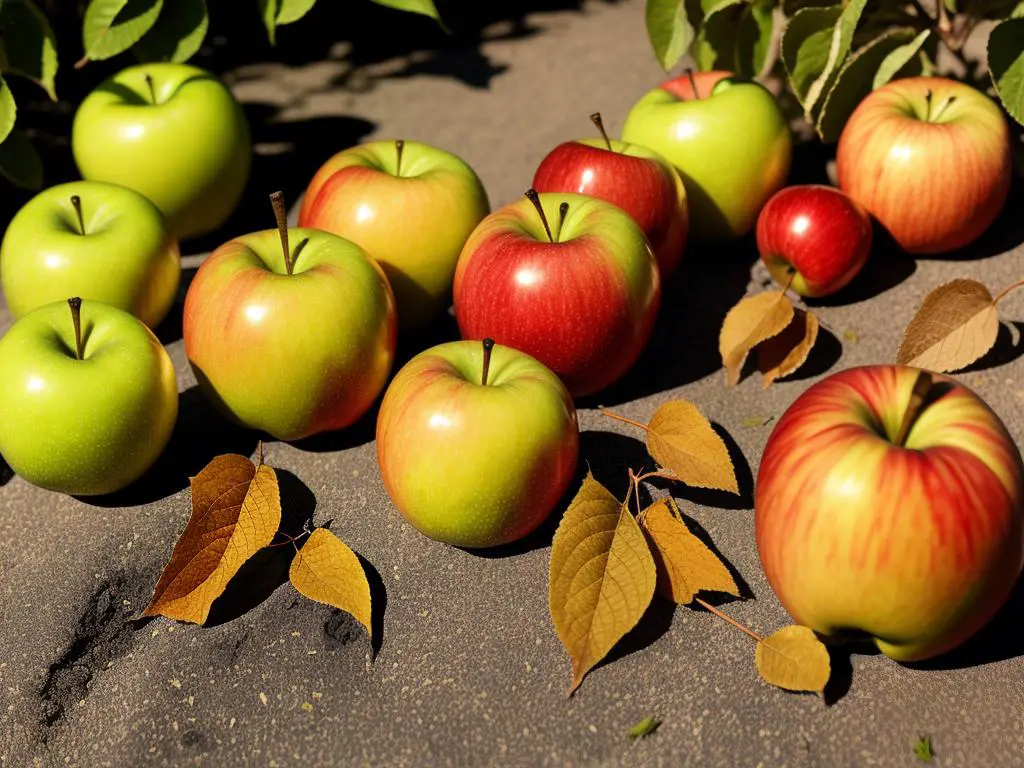 Image depicting various apple tree diseases including apple scab, fire blight, cedar apple rust, and apple powdery mildew.