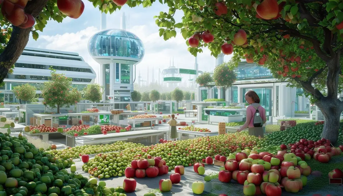 A futuristic scene depicting potential changes in the apple export industry