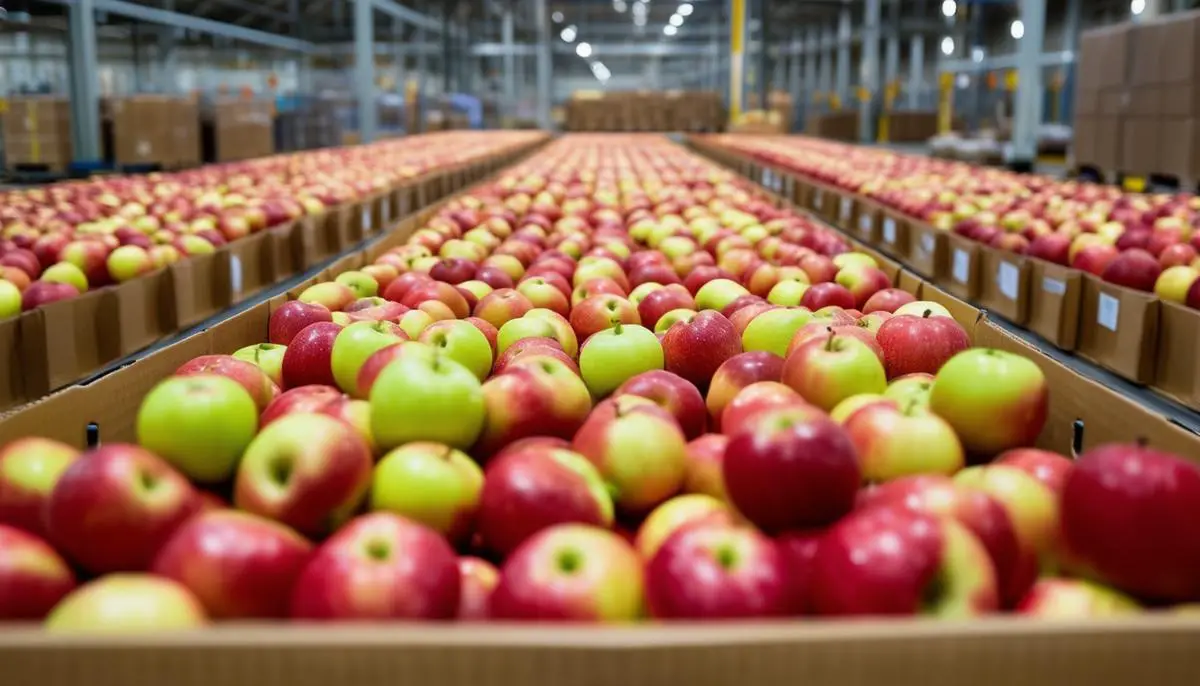 Apples being packaged, labeled, and loaded for international shipping, showcasing the logistics process