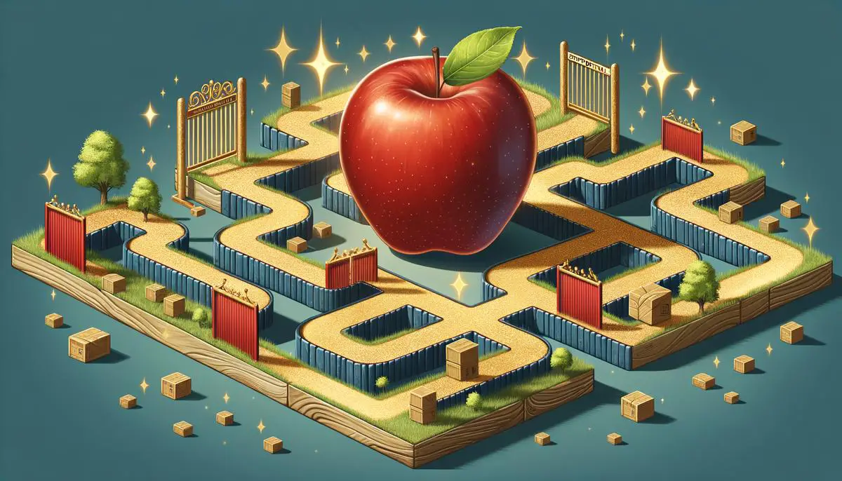 A metaphorical obstacle course representing challenges in apple exports, with opportunities shown as gates