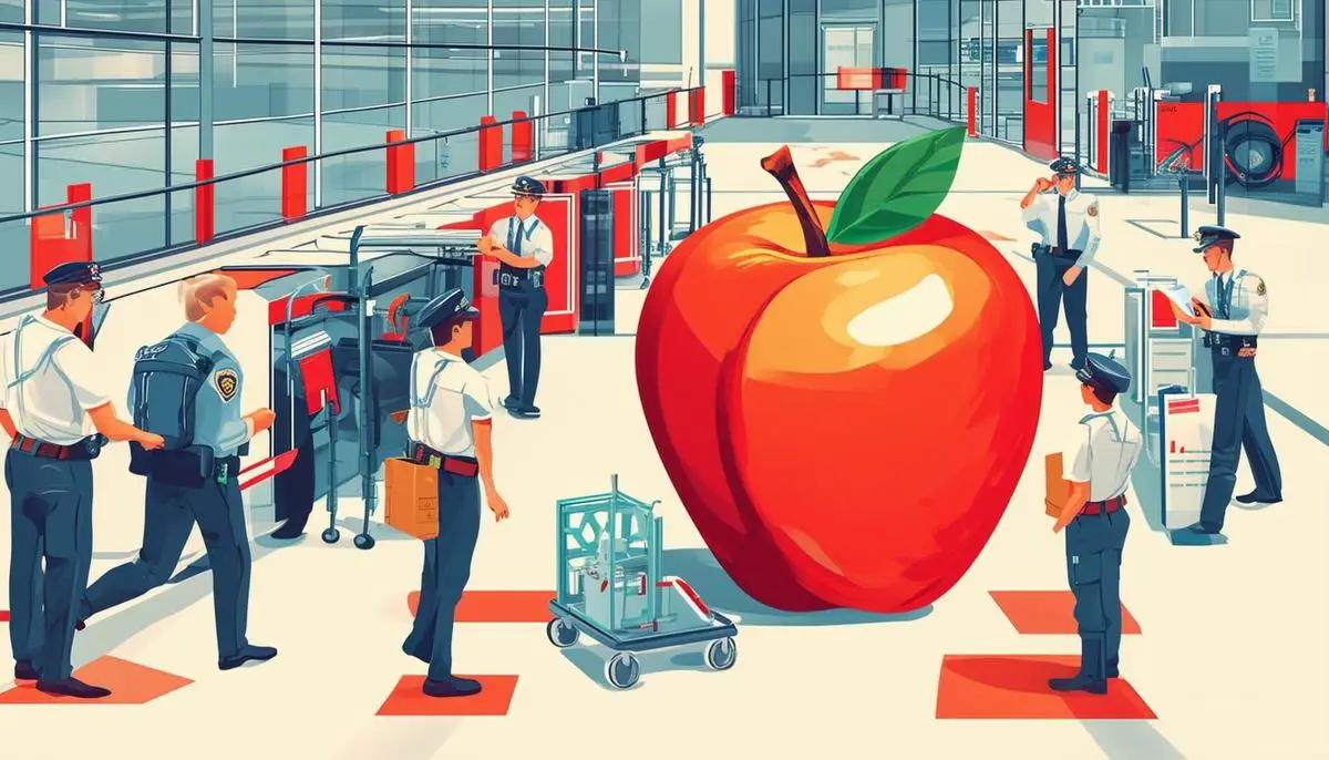 A large apple passing through various regulatory checkpoints, including import regulations, tariffs, and phytosanitary measures