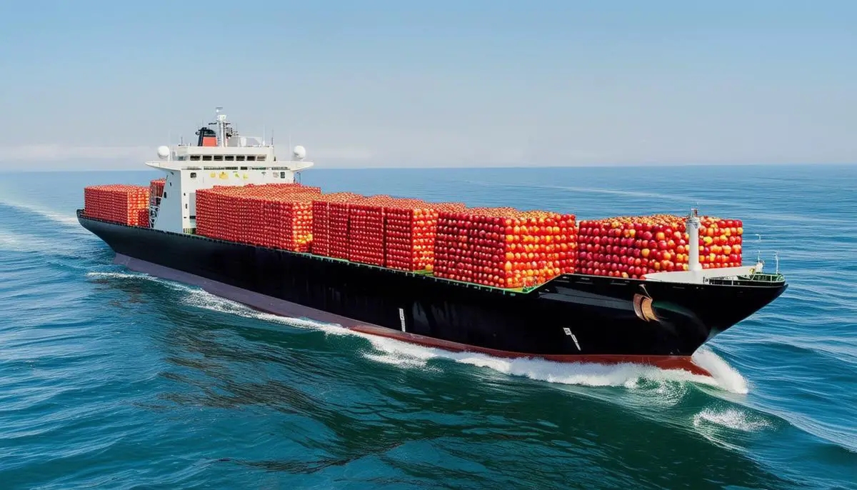 Cargo ship loaded with containers of apples sailing across the ocean