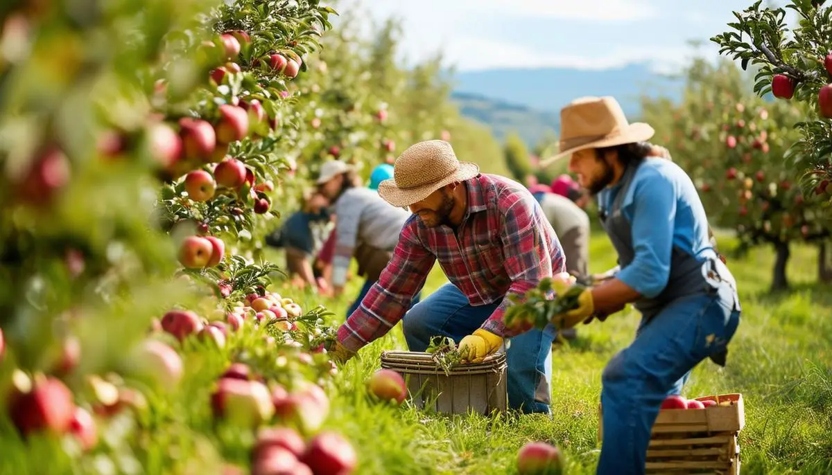 Diverse group of farm workers harvesting apples in a scenic orchard