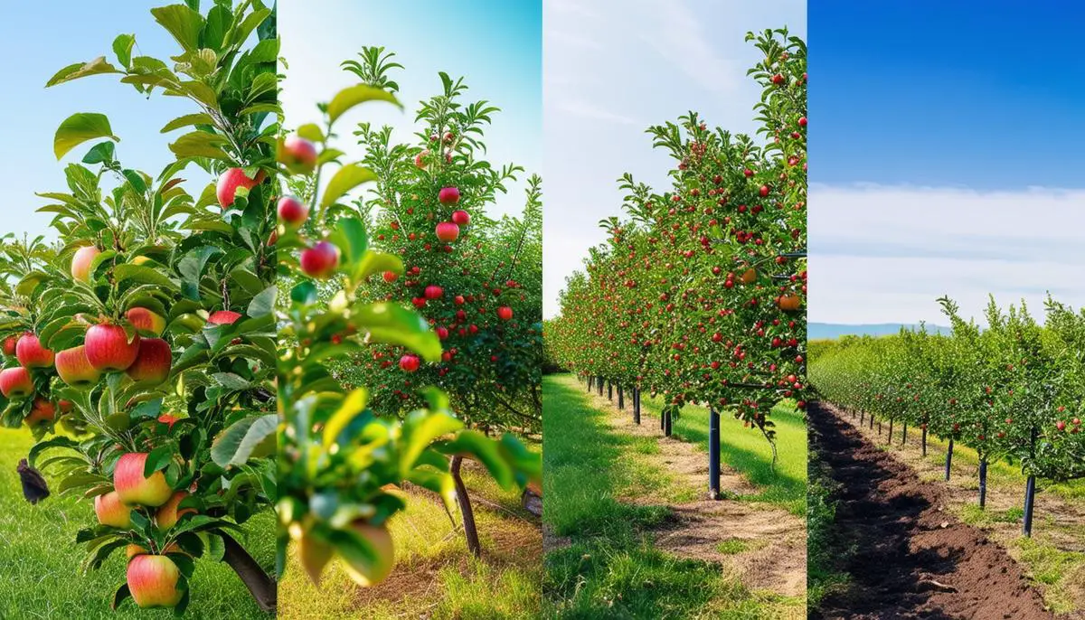 A split image showing various climate adaptation techniques for apple farming, including high-density planting and drip irrigation