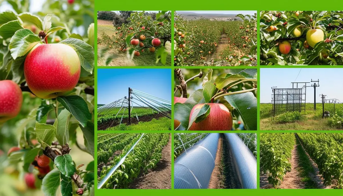 Collage of images representing various factors affecting apple production costs, including frost prevention systems, irrigation equipment, and pest control methods