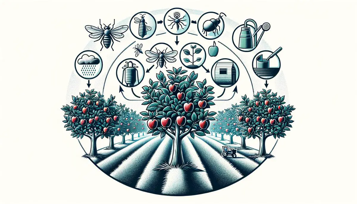 A visual guide to Integrated Pest Management practices in apple orchards, showing biological control agents and sustainable farming techniques