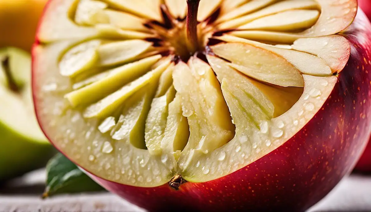 Image description: A close-up photo of an apple cut open, revealing its fibrous interior.