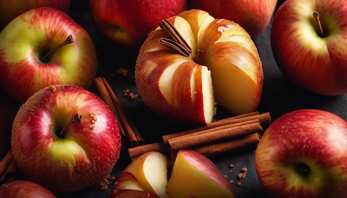 A close-up image of a delicious apple filling, showing sliced apples coated in a sweet and cinnamon-spiced mixture, ready to be used in cookie bars.