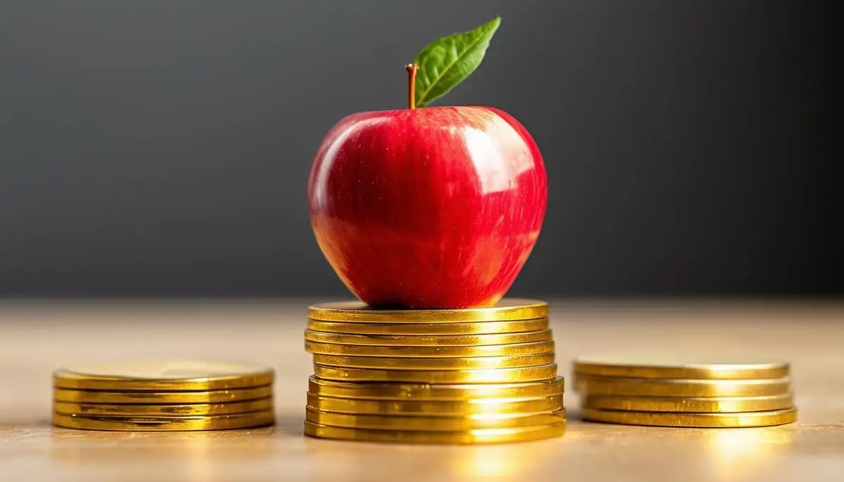 A stack of gold coins with an apple on top, symbolizing financial stability