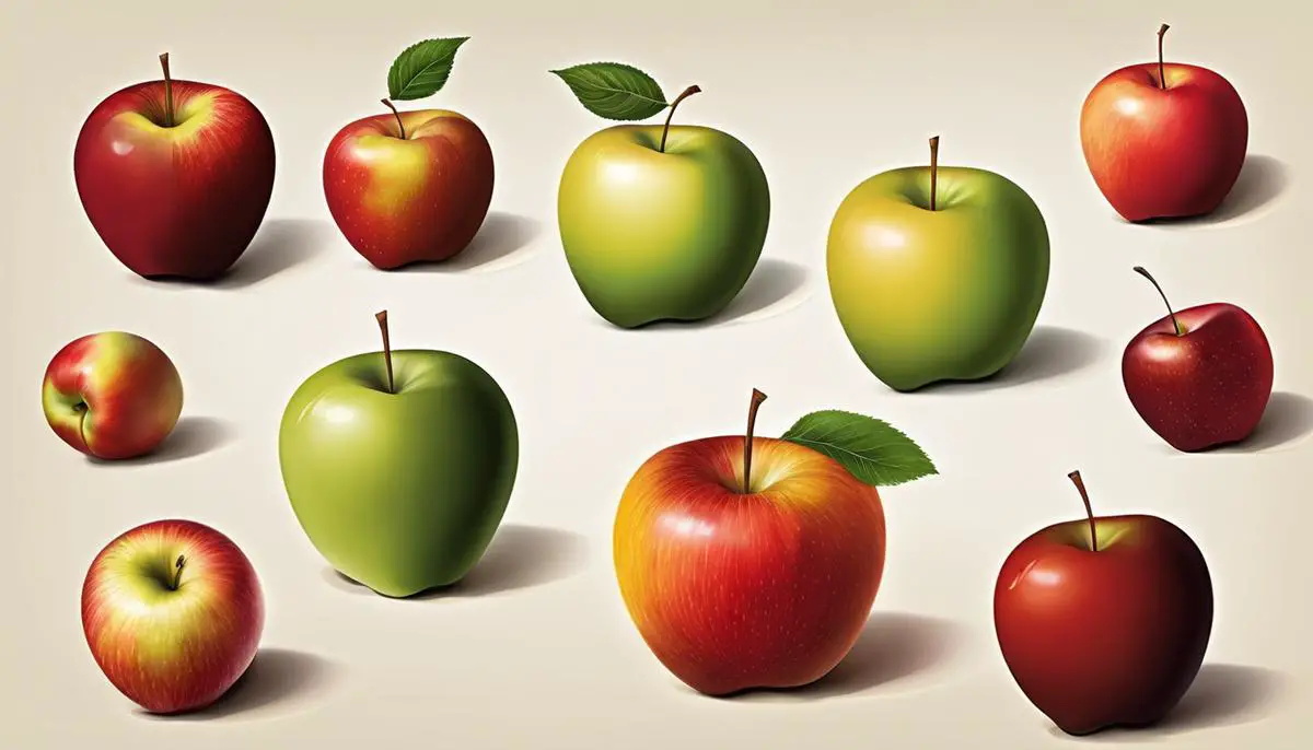 Illustration of different types of apples, showcasing their variety in colors, sizes, and shapes.