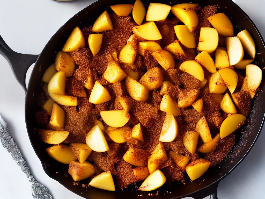 A scrumptious image of apples served in a pan with brown sugar and spices.