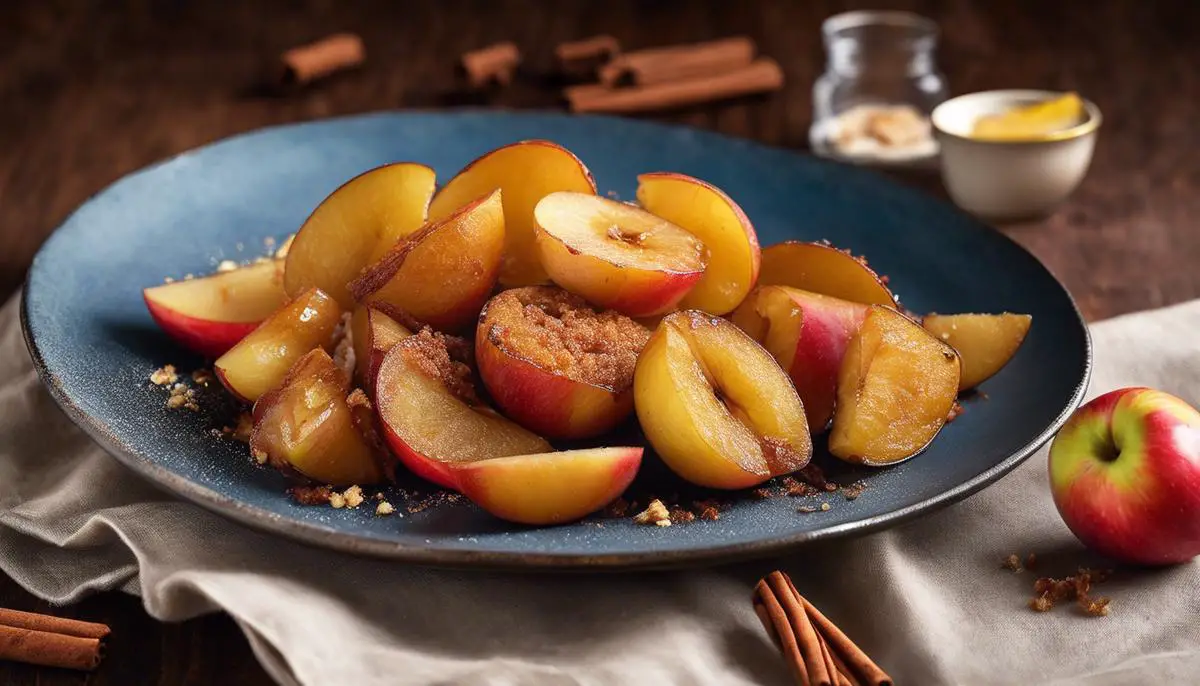 A vibrant image of a plate of fried apples, crispy and golden, with a sprinkle of cinnamon on top.