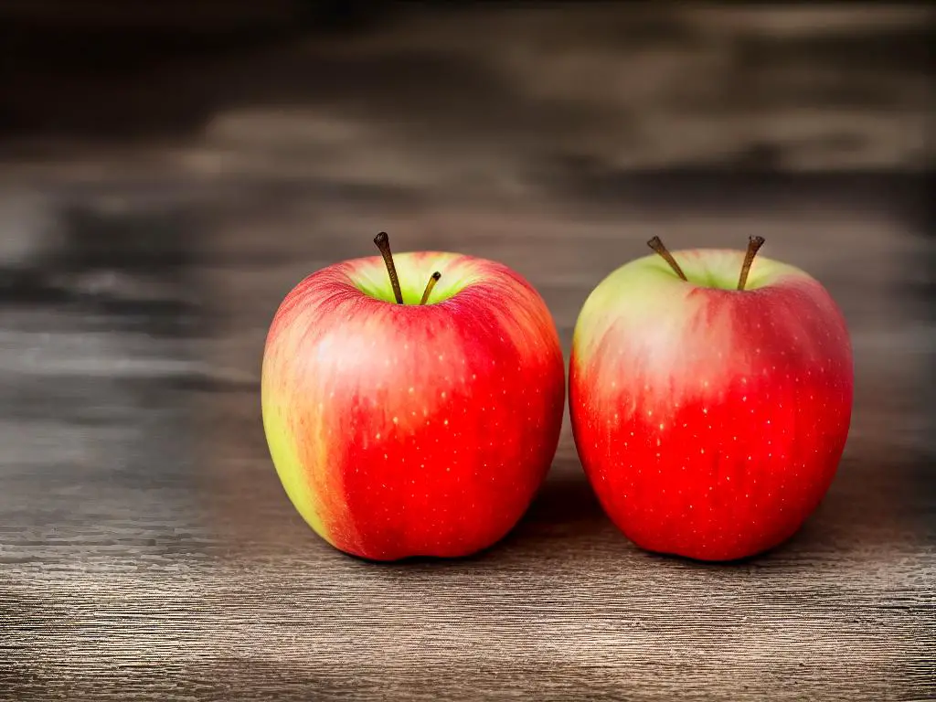 An apple cut in half with a red and white flesh showing.